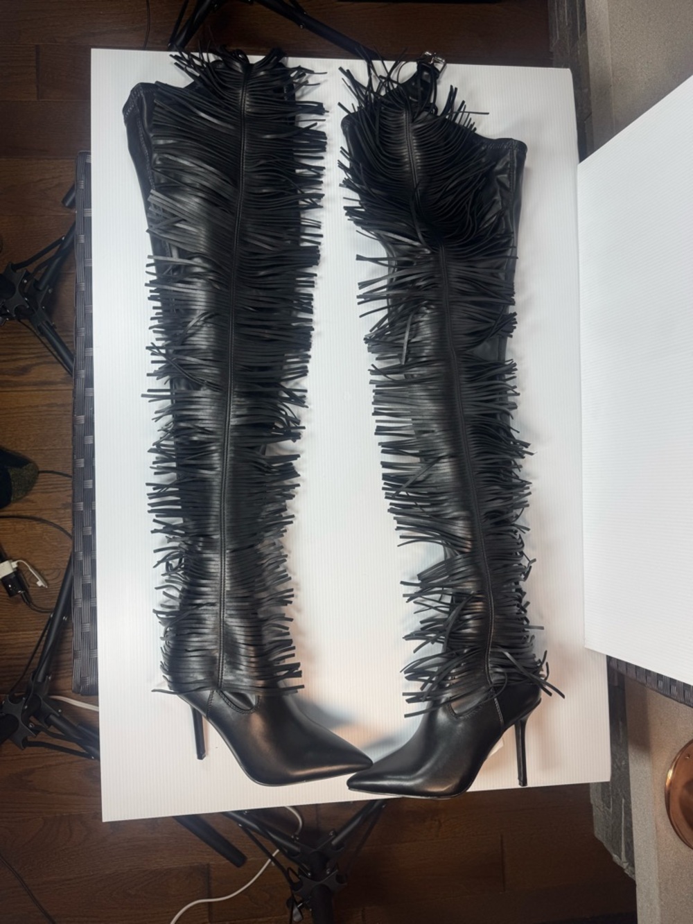 Azalea Wang Katrice Black Fringe Thigh High Boots Stiletto  Sizes 6.5 thru 11 - Picture 3 of 5
